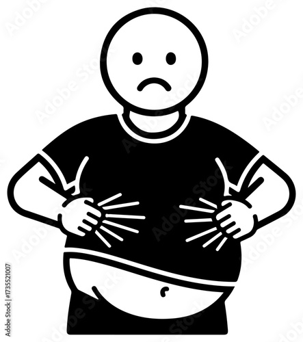 Overweight person with sad face and hands on belly.