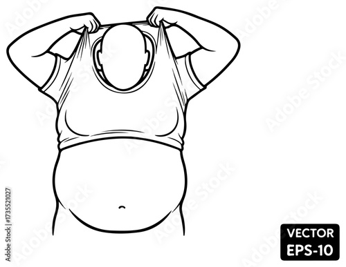Person struggling to fit into tight shirt.