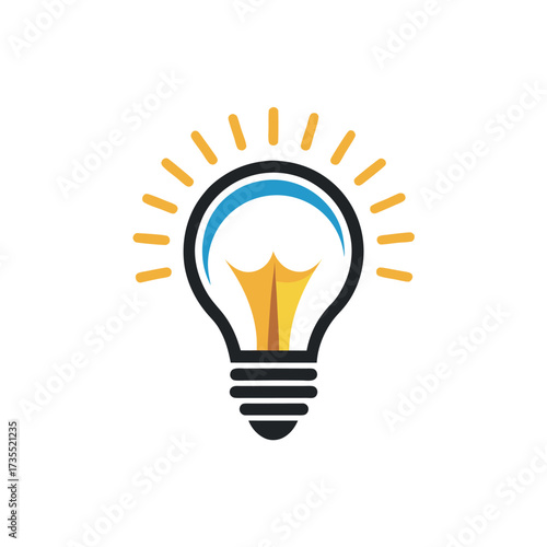 Bright Light Bulb Icon with Yellow Rays and Blue Curve on White Background idea innovation