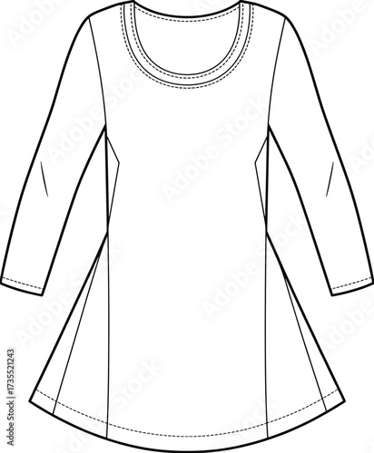 Women’s tunic top, long sleeve blouse design, stylish fashion garment sketch, trendy clothing illustration template, apparel flat drawing, cad drawing flat vector illustration