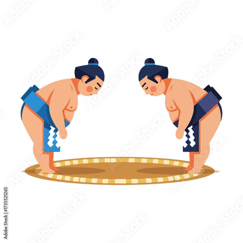 Sumo wrestlers bowing before the match in the ring.