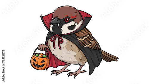 Spooky Sparrow Costume: A charmingly illustrated sparrow in a playful Halloween costume, dressed as a vampire, carrying a pumpkin bucket filled with candies.