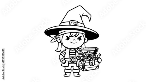 Young Witch with treasure: A black and white image of a young witch, equipped with a pirate hat and treasure chest, embodying adventure, fantasy, and the allure of discovery.