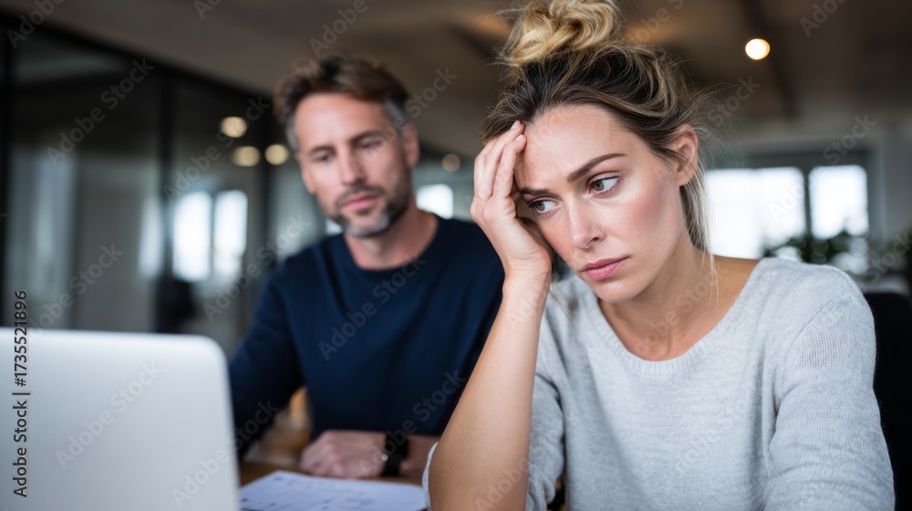 Fototapeta premium Stressed entrepreneur couple working late in modern office facing financial challenges and deadlines