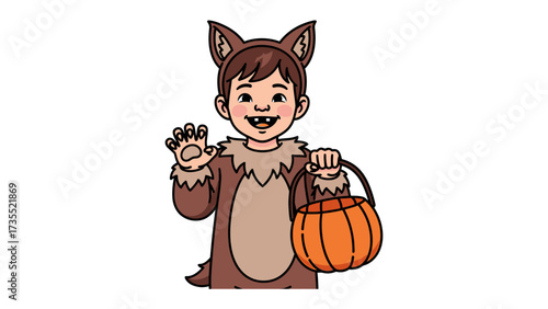 Little Wolf Cub on Halloween: A young child in a charming wolf costume, accompanied by a Halloween basket, stands ready for Trick or Treat, embodying festive glee and childlike imagination.