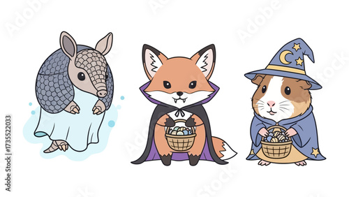 Halloween Animal Trio:  An adorable illustration of three cute animals, an armadillo ghost, a fox vampire, and a guinea pig wizard, ready for a festive Halloween night.