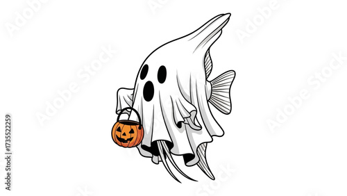 Ghostly Angelfish: A whimsical illustration of a Halloween-themed angelfish, enveloped in a spectral white sheet and carrying a pumpkin candy bucket, captures the playful essence of the season. 