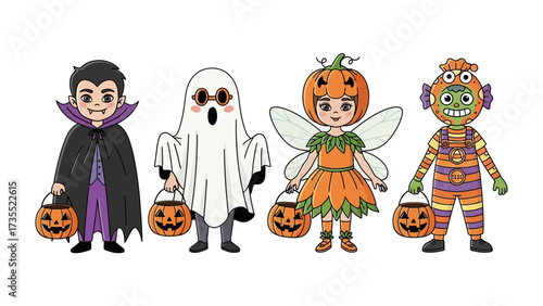 Halloween Character Parade: A festive illustration showcasing a collection of cheerful, cartoonish characters, each dressed in whimsical costumes and carrying jack-o'-lantern buckets.