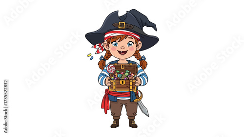 Young Pirate with Treasure Chest: A captivating illustration showcases a young, cheerful pirate holding a treasure chest. The scene evokes the spirit of adventure and childhood fantasy. 