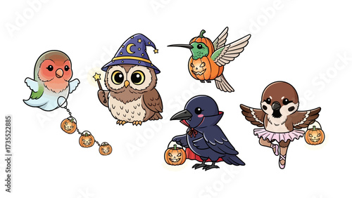 Spooky Avian Squad: Adorable cartoon birds decked out in Halloween attire, ready to charm with their festive costumes, spreading the Halloween spirit in a whimsical display.