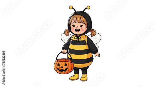 A Bee's Delightful Halloween: A cheerful child, dressed in a charming bee costume, gleefully holds a jack-o'-lantern, ready to embrace the spooky magic of Halloween.