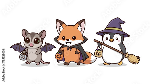 Halloween Creatures: A cute ensemble of sugar glider, fox, and penguin in whimsical Halloween costumes ready to collect candies. 