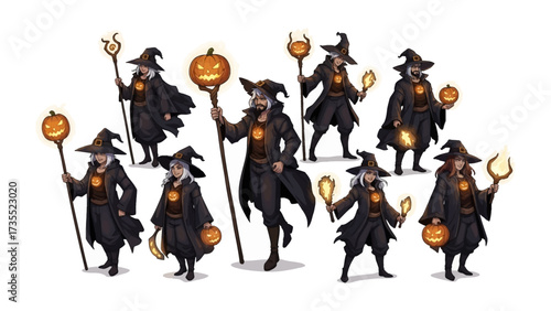 Halloween Wizards Gathering: An artistic group of wizards, each with distinct characteristics, unite in a celebration of the Halloween spirit, holding enchanting lanterns.