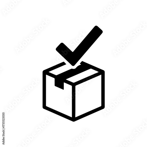 A simple, bold black and white line icon showing a generic product box ( package) with a large, definitive checkmark floating above it. This graphic symbolizes the right to quality, product assurance