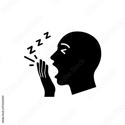 A simple, classic black and white silhouette icon of a human face caught in a wide yawn. This graphic perfectly symbolizes tiredness, drowsiness, sleepiness, and the need for rest. Ideal for health
