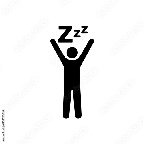 A clean, black and white line icon showing the silhouette of a person happily stretching with arms raised after a good night's sleep. This graphic represents waking up refreshed, morning routine