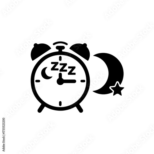 A simple, bold black and white line icon featuring an alarm clock set to 10:00 PM (or showing 'ZZZ') next to a crescent moon and stars. Perfect for themes like sleep, bedtime, rest, and healthy habits