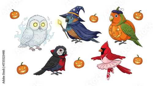Whimsical Halloween Birds: A delightful collection of fanciful cartoon birds, each playfully adorned with Halloween costumes. This evokes a sense of enchantment, creativity.