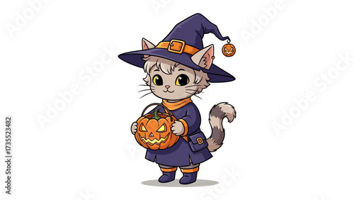 Cute Witch Cat: A whimsical illustration of a cat dressed as a witch, complete with a pointy hat and carrying a carved pumpkin basket, celebrating the spookiness and delight of the holiday.