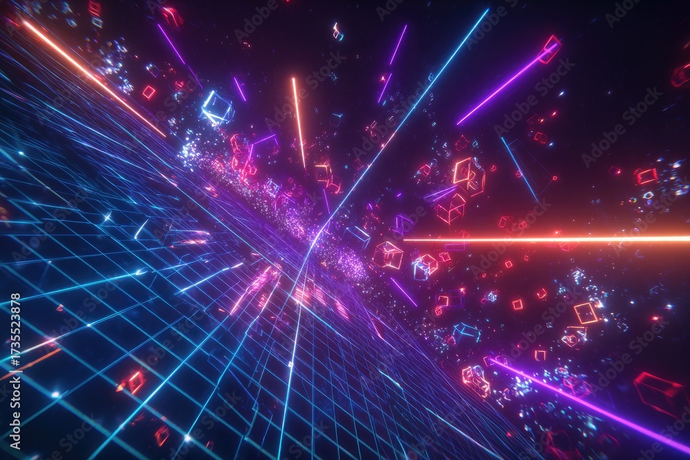 Obraz premium Digital abstract art, a grid tunnel with neon lights and cubes in a dark universe