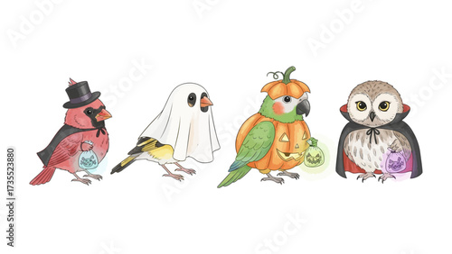 Spooky Avian Assemblage: A charming collection of four whimsically illustrated birds, each adorned in delightful Halloween costumes, radiating the spirit of the season. 