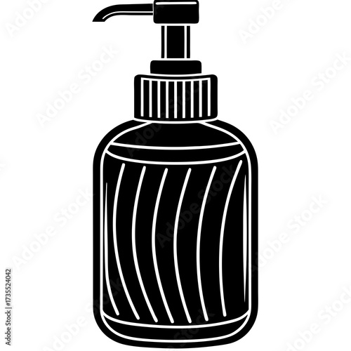 Liquid Soap Dispenser Pump Bottle with Curved Stripe Pattern Black Silhouette Vector Illustration