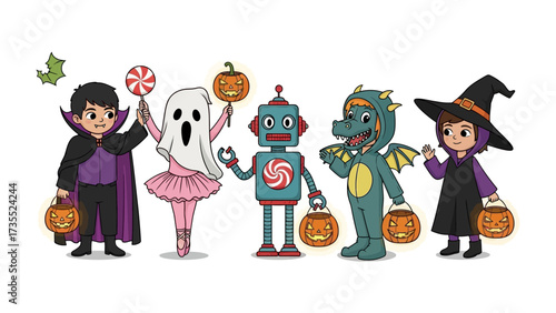Halloween Costume Delight: A whimsical illustration capturing children's vibrant costumes with an array of iconic Halloween characters and props for joyful celebrations and spooky fun!