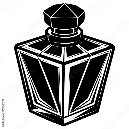 Geometric Art Deco Perfume Bottle with Faceted Crystal Design Black Silhouette Vector Illustration