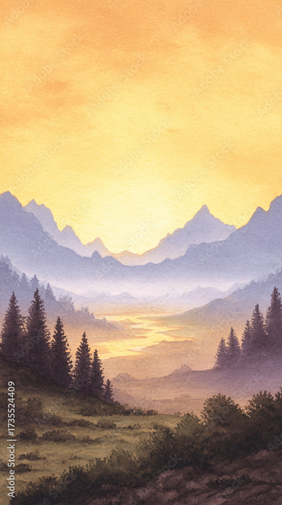 Obraz premium Majestic Landscape at Sunset: A Tranquil Scene of Mountains, River, and Trees Capturing the Beauty of Nature in Vibrant Colors