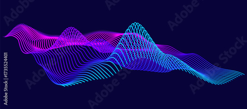 Dynamic abstract illustration of a glowing digital sound wave or equalizer.  Vibrant, neon pink and blue lines forming complex, oscillating patterns, symbolizing data, technology, music, and energy.