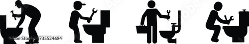 Plumber fixing toilet silhouette set icons representing various repair and maintenance tasks vector