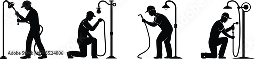 Plumber silhouette tightening shower pipe in multiple poses for plumbing services vector