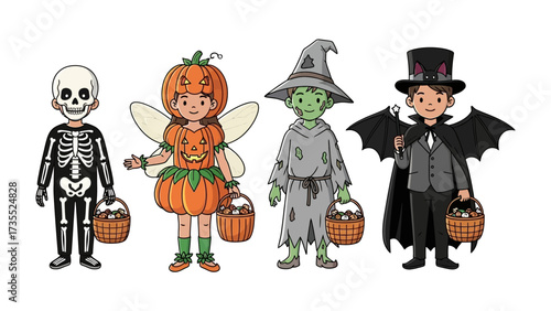 Spooky Halloween Kids: A captivating cartoon showcasing four children, each dressed in unique, colorful Halloween costumes and ready for trick-or-treating. 