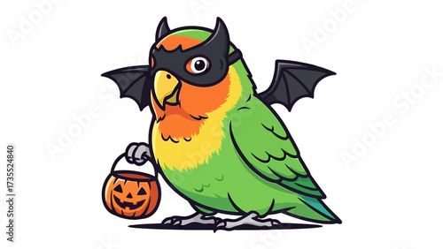 Halloween Parrot Illustration: A vibrant parrot adorned with a bat mask and wings, carrying a Halloween-themed bucket, ready for a night of spooky fun.