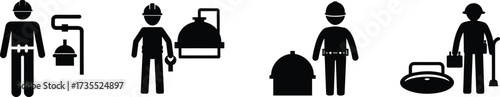 Sanitary engineer silhouette near septic tank and equipment icons vector