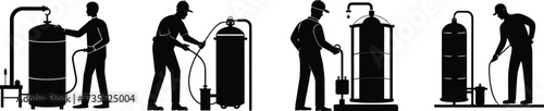 Technician silhouette adjusting water treatment system apparatus industrial process water management equipment vector