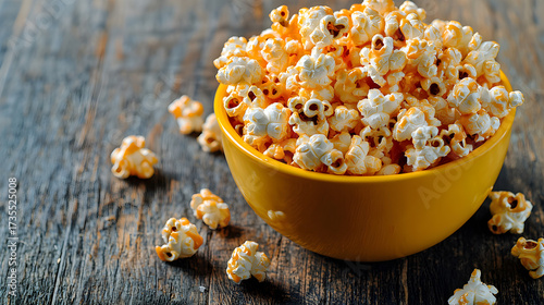 Bowl of golden caramel popcorn glistening under light, tasty crunchy snack made from corn kernels, perfect for parties, movie watching, or dessert visuals.