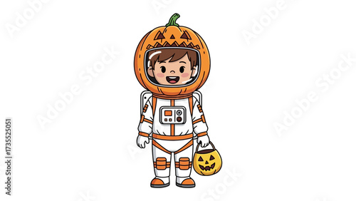 Pumpkin Head Astronaut's Halloween: A creative illustration of a child dressed up as an astronaut and a pumpkin for halloween with the joy of trick or treat