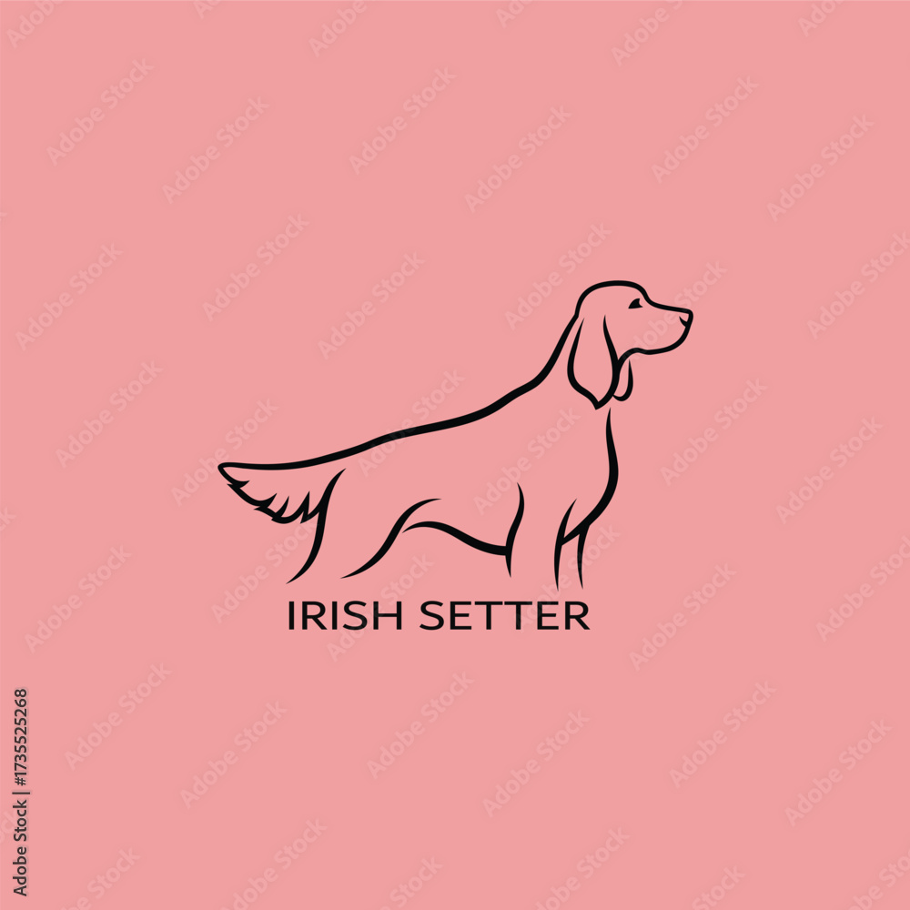 Fototapeta premium This elegant line art illustration features the profile of an Irish Setter against a soft pink background. The design captures the breed's distinctive features