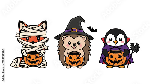 Halloween Trio: An adorably spooky ensemble of cartoon characters ready for trick-or-treating, showcasing a mummy fox, witch hedgehog, and vampire penguin with their pumpkin treat baskets.