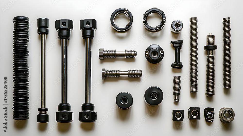 Fototapeta premium Brand new automotive power steering rack parts set featuring rods, rubber boots, and shafts, organized on white surface for vehicle repair and maintenance concept.