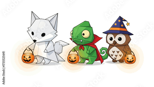 Whimsical Halloween Trio: Three origami animals, a fox, chameleon, and owl, each carry a glowing jack-o'-lantern, showcasing the playful spirit of Halloween. 