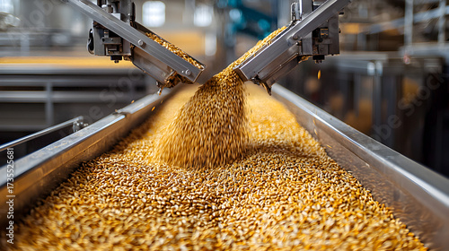 High-tech grain processing plant featuring conveyor systems and automated machines handling large volumes of seeds, representing modern agriculture and food industry logistics.