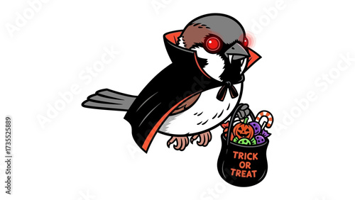 Halloween Vampire Sparrow with Trick-or-Treat Bag: A charming sparrow in a vampire costume, complete with a cape and red eyes, clutches a trick-or-treat bag, ready for spooky fun.