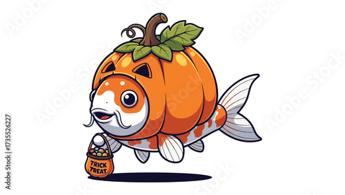 Halloween Koi Carp: A charming illustration of a koi carp dressed up in a pumpkin costume, joyfully holding a 'trick or treat' bag. A delightful blend of aquatic charm and spooky festivities.
