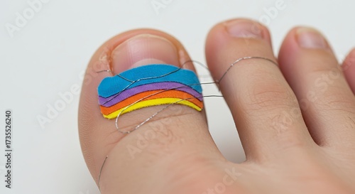 Toe with multi colored nail art and wire support against white background