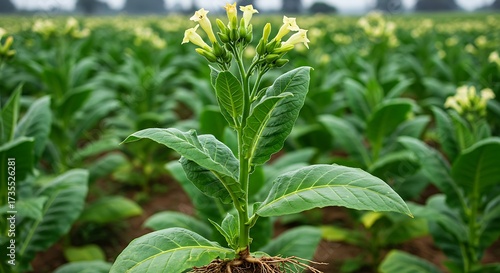 Tobacco plant close up in field with green leaves and yellow flowers