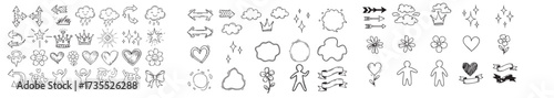 ine icon cute element set. Doodle line color icon decorative arrow, cloud, crown, sparkle and flower. Hand drawn heart, sketchy figure, funny outline and cartoon ribbon for kids-03.eps, Line icon cute