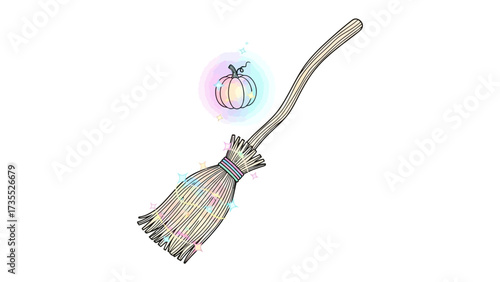 Enchanted Broomstick with pumpkin: a charming enchanted broomstick, complete with twinkling lights, alongside a captivating, glowing pumpkin