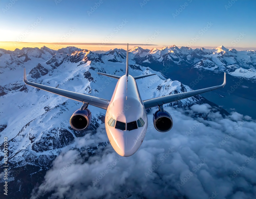 Fototapeta premium Airplane Flying Over Snowy Mountains.